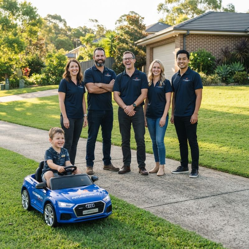 AOKOY ride-on vehicles lined up on a family driveway