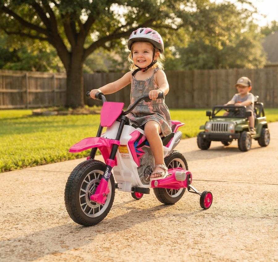 12V Ride-On Motorcycle with Training Wheels, Rose Pink